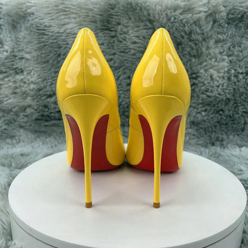 Women's Autumn Wedding Pumps Slip-On Round Toe Stiletto Heel Shoes 12CM/10CM Soft Sole Rubber Outsole Yellow Patent Leather