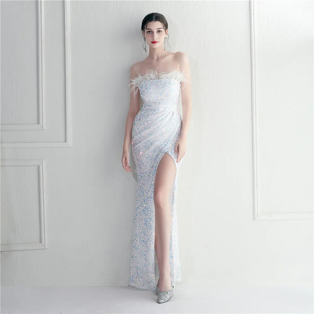 19768# Foreign Trade Craft Wool Decoration Star Celebrity Nightclub Dance Ceremony Strapless Long Dress Formal Dress Style Dress