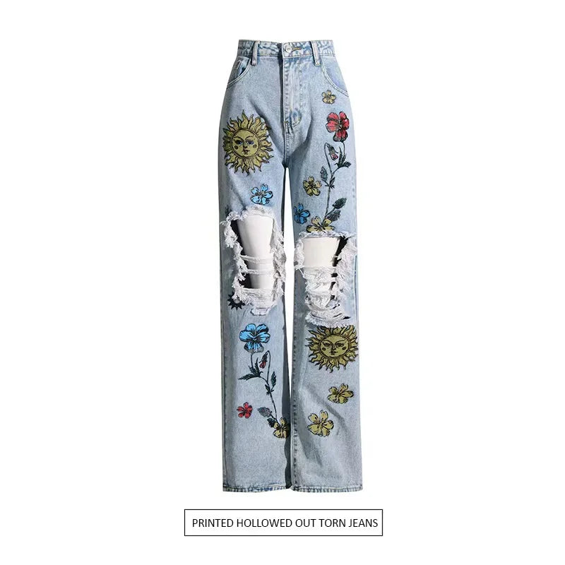 New Arrival Women's Chic Streetwear High Waist Distressed Print Straight Jeans Versatile Style for Summer Autumn Light Wash Hole