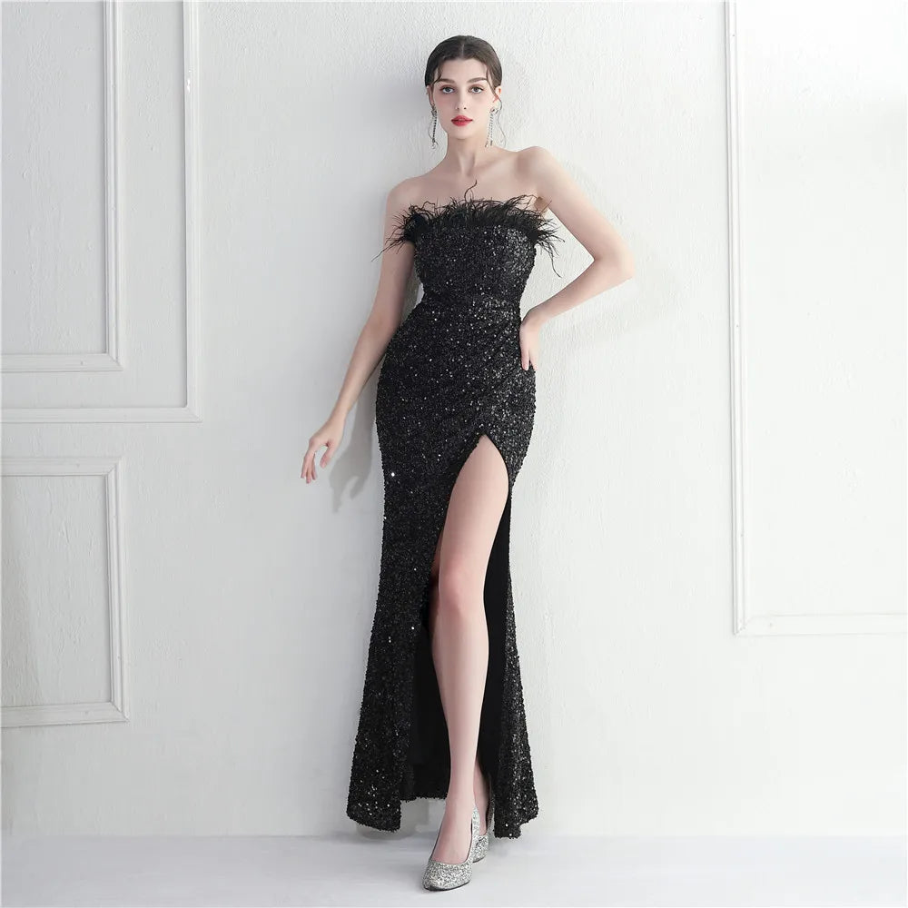 19768# Foreign Trade Craft Wool Decoration Star Celebrity Nightclub Dance Ceremony Strapless Long Dress Formal Dress Style Dress