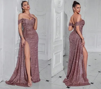Cross-border New Beaded Tube Top Dress High Women's Party Wedding Dinner Fishtail Long Evening Dress