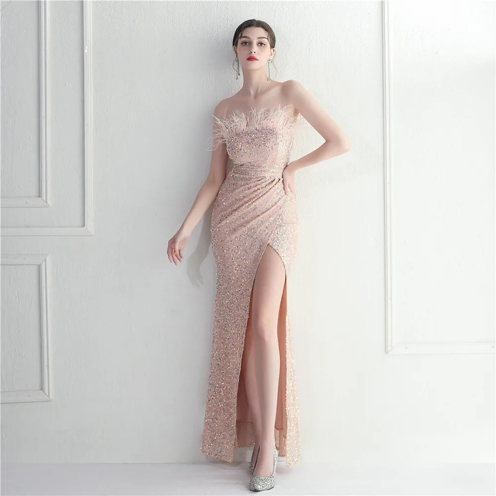 19768# Foreign Trade Craft Wool Decoration Star Celebrity Nightclub Dance Ceremony Strapless Long Dress Formal Dress Style Dress