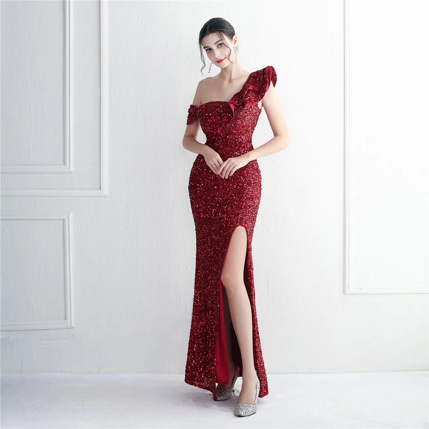 19595# 2022 New Handmade Bead Slice One Shoulder Style Fund Fashion Prom Dresses One-shoulder Trumpet Prom