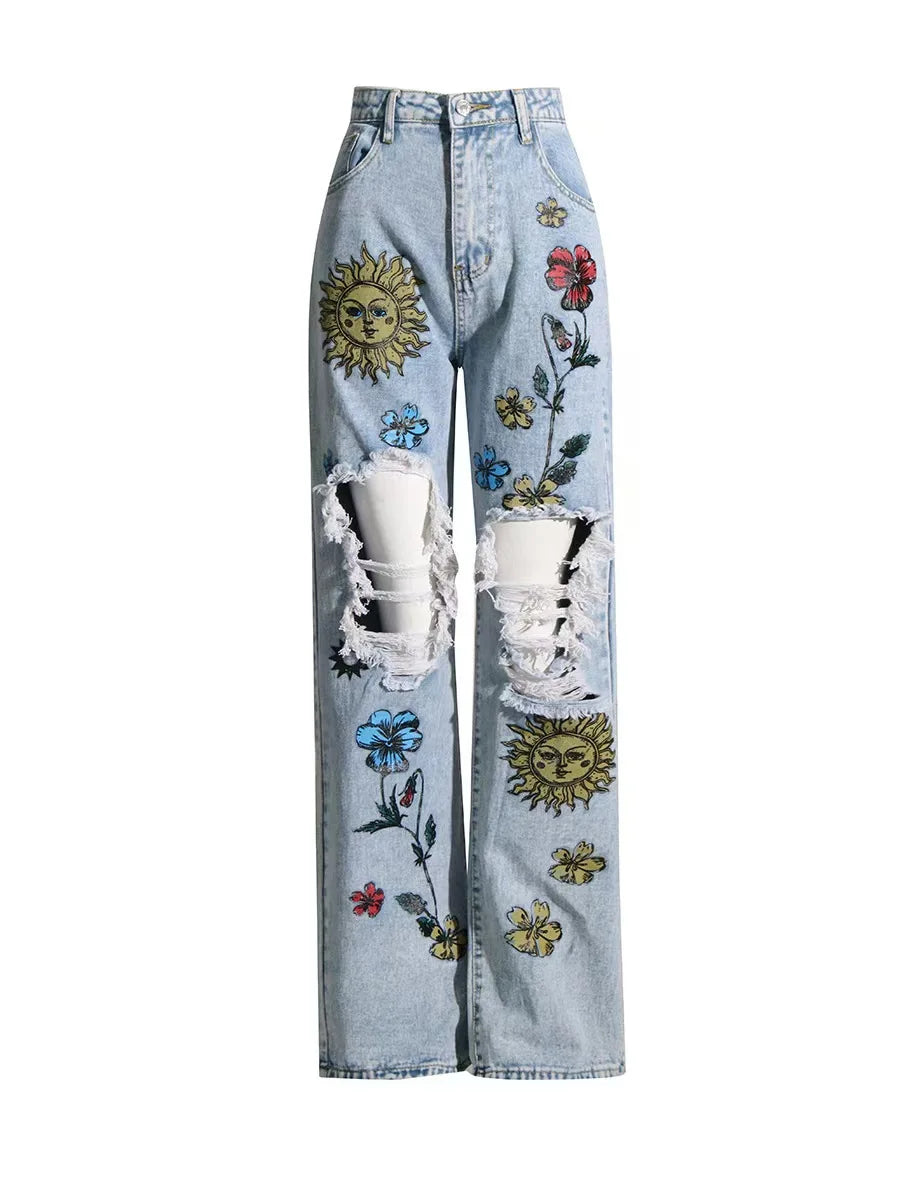 New Arrival Women's Chic Streetwear High Waist Distressed Print Straight Jeans Versatile Style for Summer Autumn Light Wash Hole