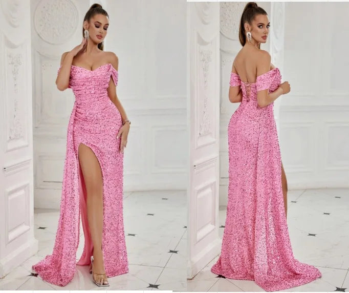 Cross-border New Beaded Tube Top Dress High Women's Party Wedding Dinner Fishtail Long Evening Dress