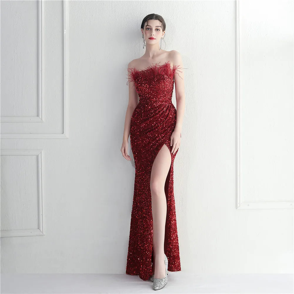 19768# Foreign Trade Craft Wool Decoration Star Celebrity Nightclub Dance Ceremony Strapless Long Dress Formal Dress Style Dress