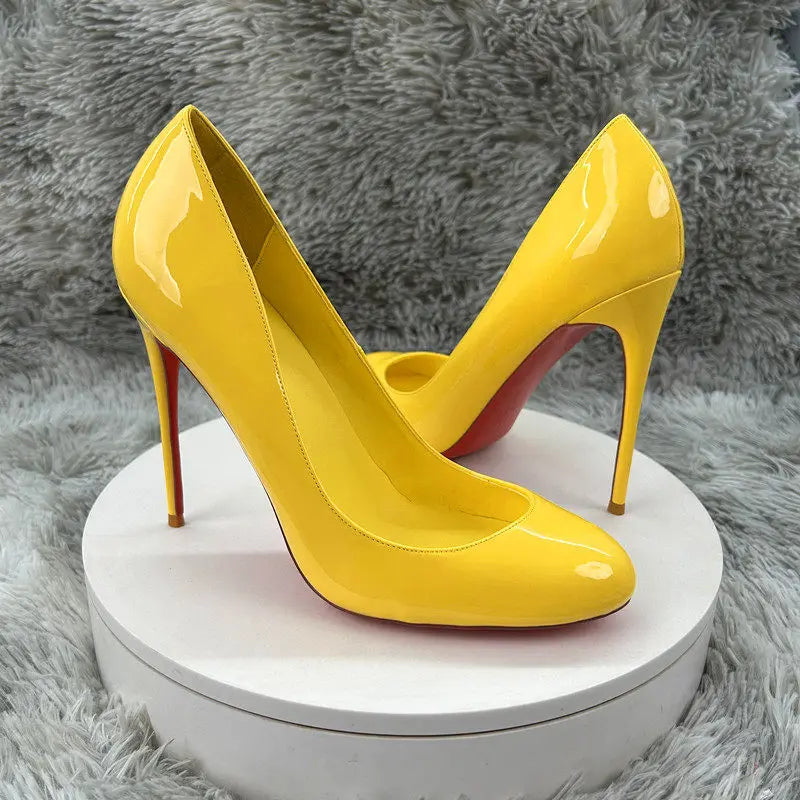 Women's Autumn Wedding Pumps Slip-On Round Toe Stiletto Heel Shoes 12CM/10CM Soft Sole Rubber Outsole Yellow Patent Leather