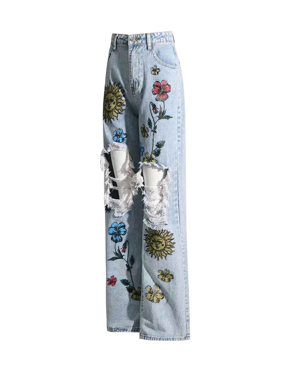 New Arrival Women's Chic Streetwear High Waist Distressed Print Straight Jeans Versatile Style for Summer Autumn Light Wash Hole