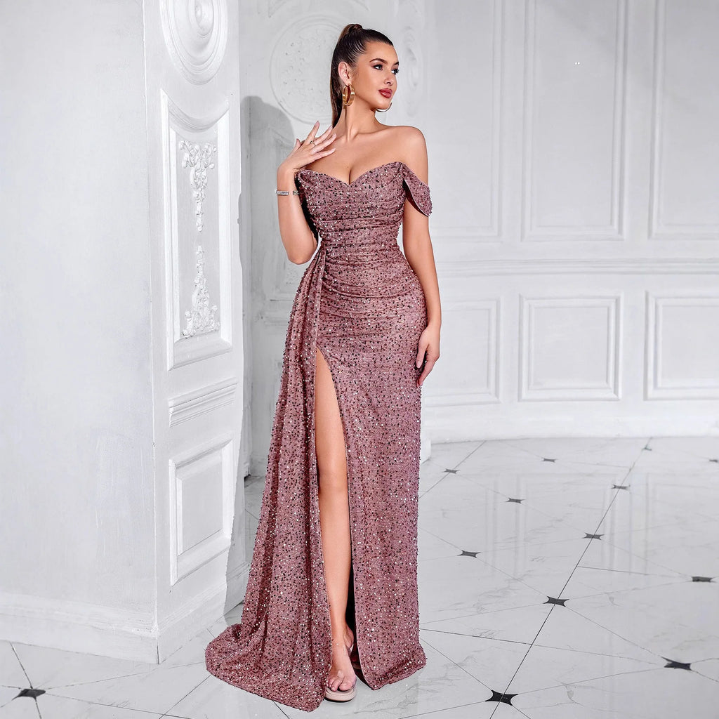 Cross-border New Beaded Tube Top Dress High Women's Party Wedding Dinner Fishtail Long Evening Dress
