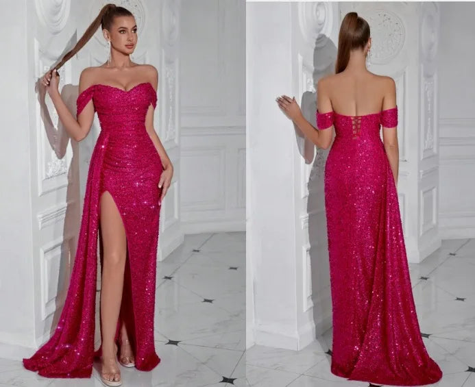 Cross-border New Beaded Tube Top Dress High Women's Party Wedding Dinner Fishtail Long Evening Dress