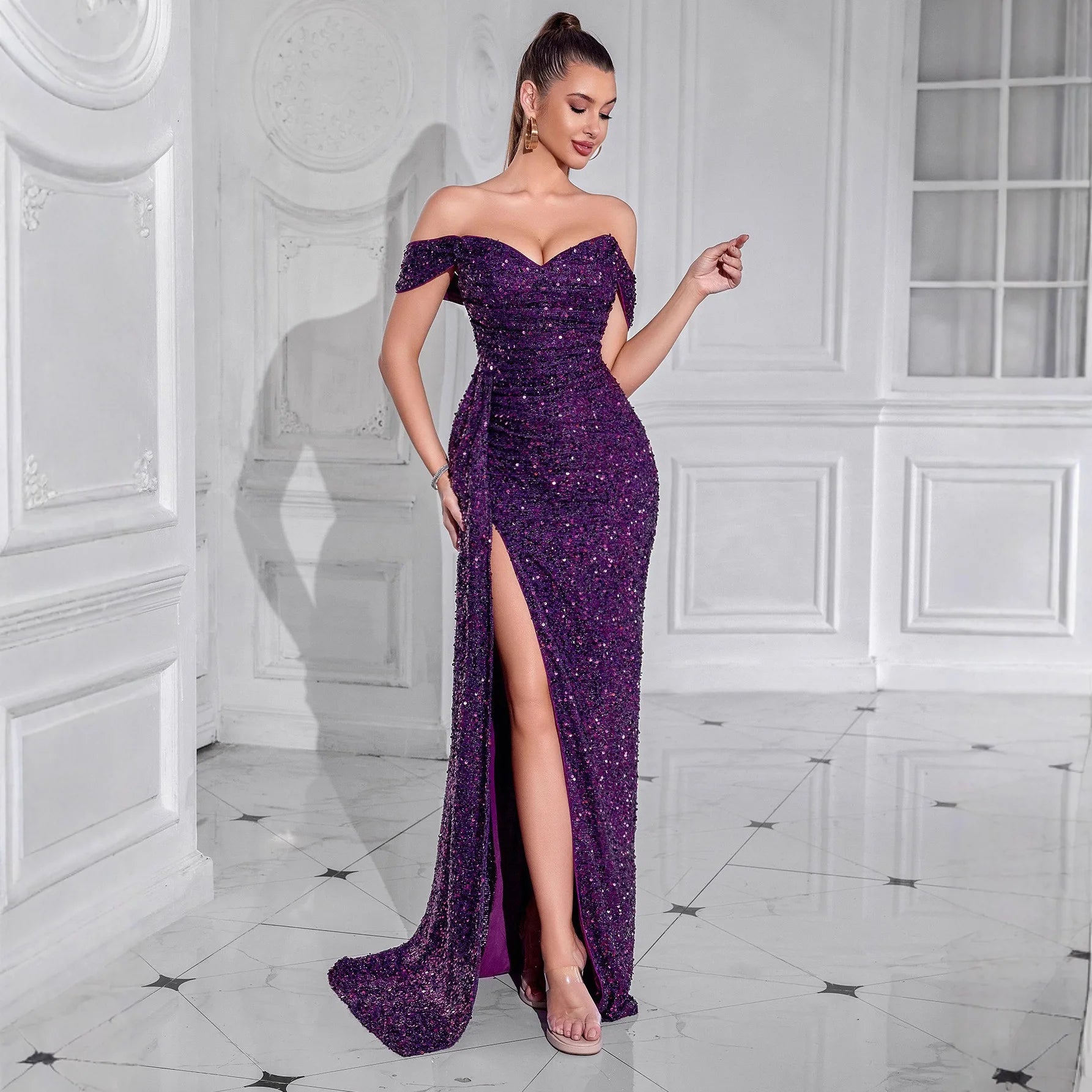 Cross-border New Beaded Tube Top Dress High Women's Party Wedding Dinner Fishtail Long Evening Dress