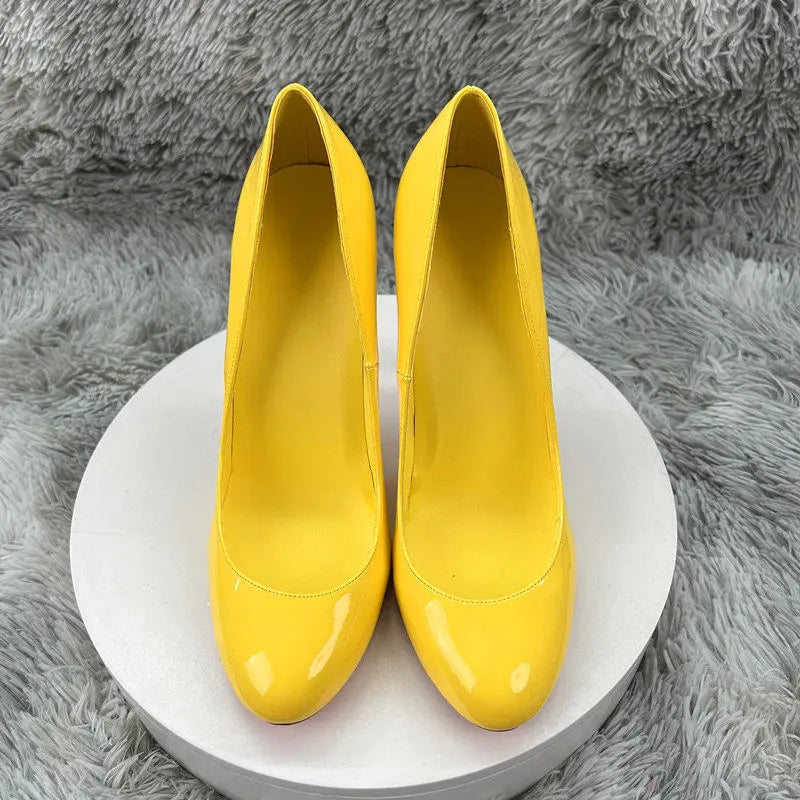 Women's Autumn Wedding Pumps Slip-On Round Toe Stiletto Heel Shoes 12CM/10CM Soft Sole Rubber Outsole Yellow Patent Leather