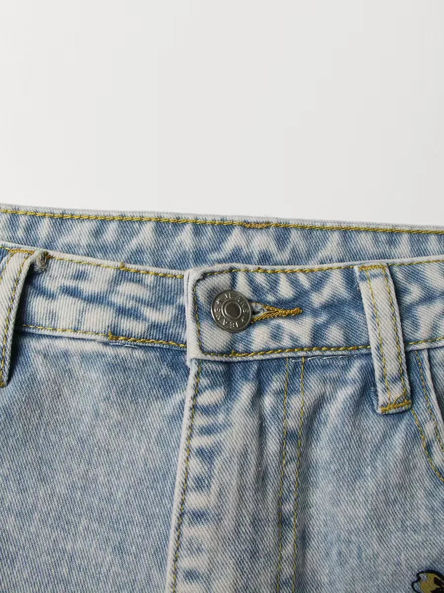 New Arrival Women's Chic Streetwear High Waist Distressed Print Straight Jeans Versatile Style for Summer Autumn Light Wash Hole