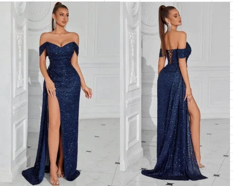 Cross-border New Beaded Tube Top Dress High Women's Party Wedding Dinner Fishtail Long Evening Dress