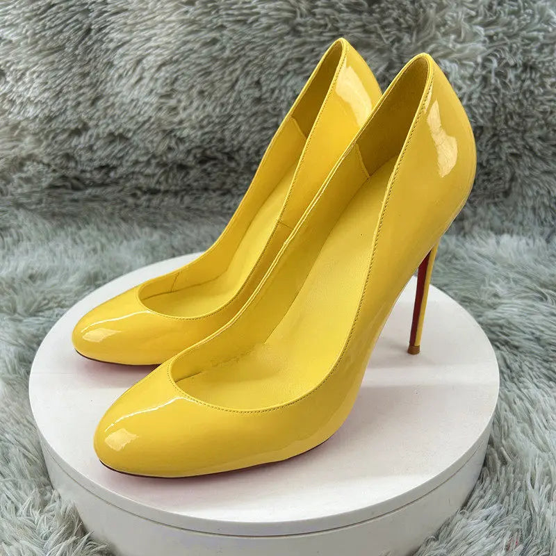 Women's Autumn Wedding Pumps Slip-On Round Toe Stiletto Heel Shoes 12CM/10CM Soft Sole Rubber Outsole Yellow Patent Leather