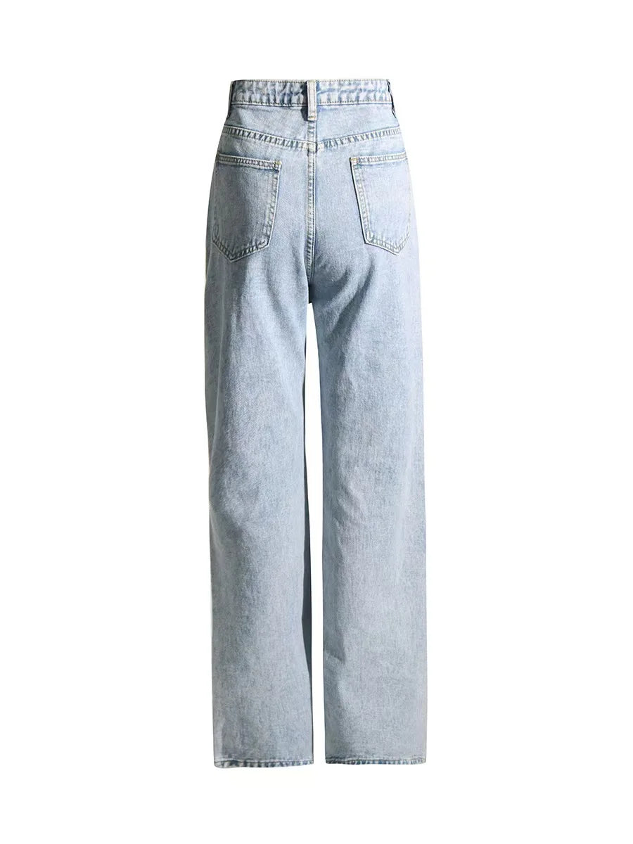 New Arrival Women's Chic Streetwear High Waist Distressed Print Straight Jeans Versatile Style for Summer Autumn Light Wash Hole