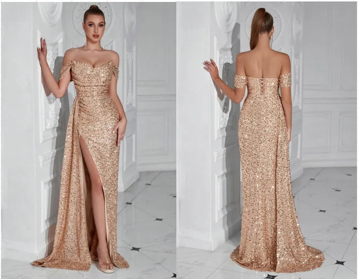 Cross-border New Beaded Tube Top Dress High Women's Party Wedding Dinner Fishtail Long Evening Dress