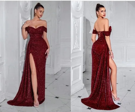 Cross-border New Beaded Tube Top Dress High Women's Party Wedding Dinner Fishtail Long Evening Dress