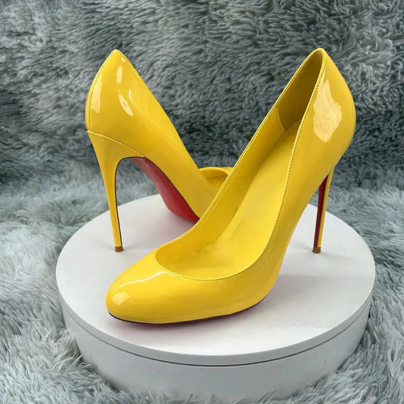 Women's Autumn Wedding Pumps Slip-On Round Toe Stiletto Heel Shoes 12CM/10CM Soft Sole Rubber Outsole Yellow Patent Leather