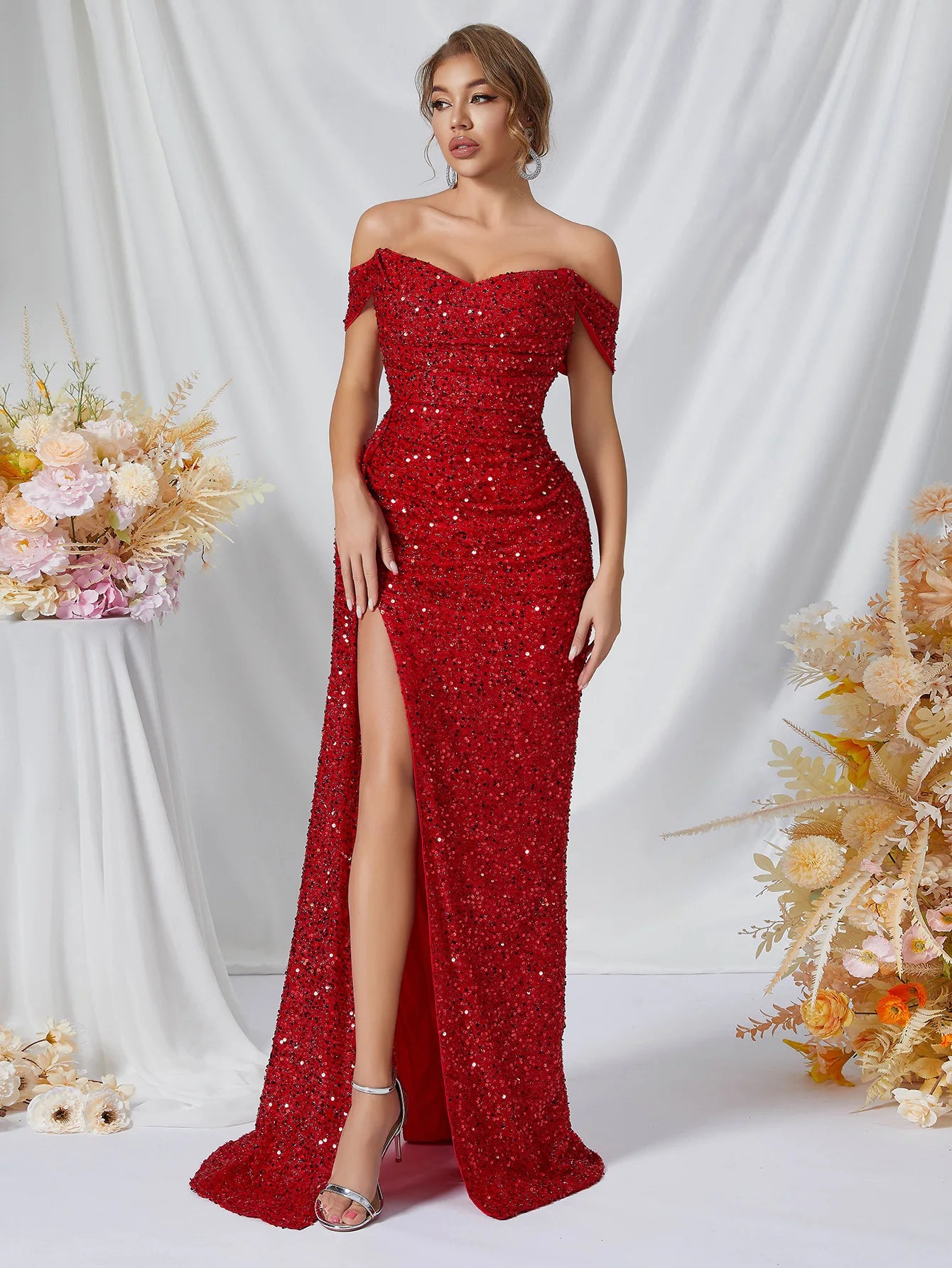 Cross-border New Beaded Tube Top Dress High Women's Party Wedding Dinner Fishtail Long Evening Dress