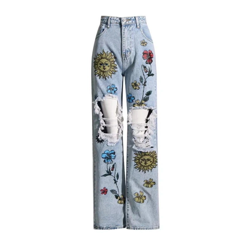 New Arrival Women's Chic Streetwear High Waist Distressed Print Straight Jeans Versatile Style for Summer Autumn Light Wash Hole