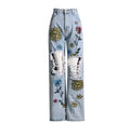 New Arrival Women's Chic Streetwear High Waist Distressed Print Straight Jeans Versatile Style for Summer Autumn Light Wash Hole