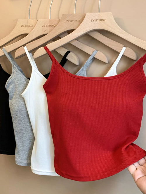 2026 Ribbed Knitted Tops Neck Summer Basic Shirts Crop Top Casual Sport Vest Off Shoulder Women's Tank TopWith Chest Pad