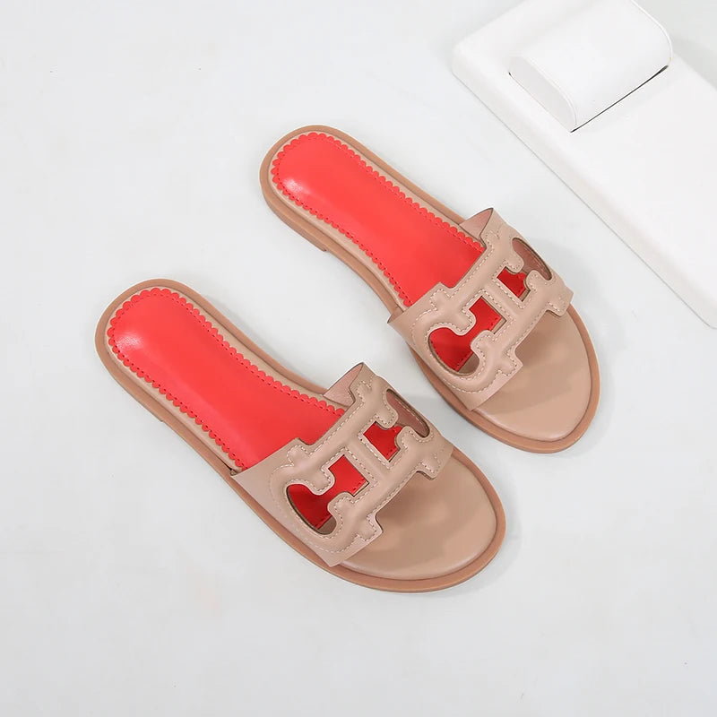 Ladies' slippers summer elegant slim-fitting breathable hollowed-out anti-slip soft-soled suitable vacation travel flat shoes