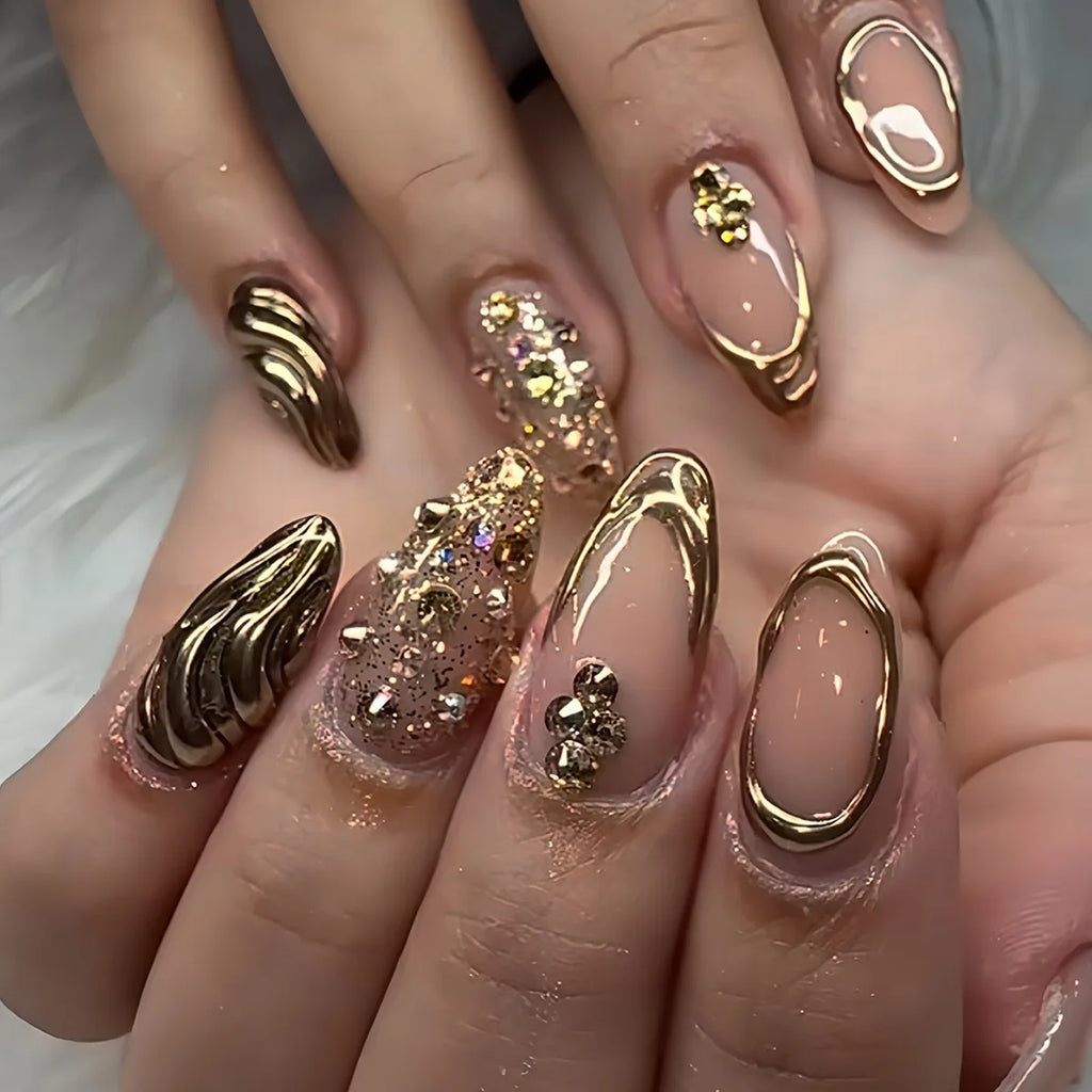 24Pcs False Nails Spicy Girl Silver Bow with Diamond Fake Nails with Glue Almond Press on Nails Black Cool Y2k Almond Nail Set