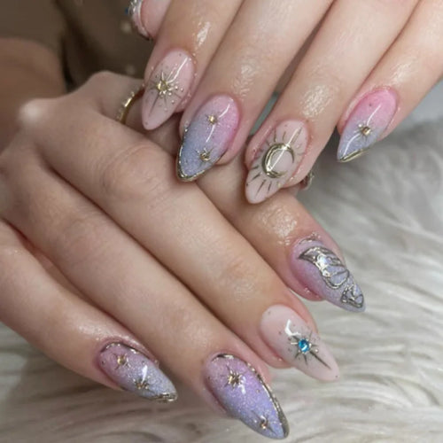 24Pcs False Nails Spicy Girl Silver Bow with Diamond Fake Nails with Glue Almond Press on Nails Black Cool Y2k Almond Nail Set