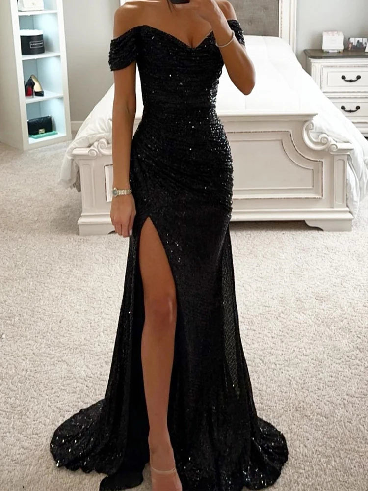 Sequin Long Dresses Women Sexy Off Shoulder Evening Dress Ladies Elegant Fashion Slash Neck Prom Female High Split Gown Vestidos