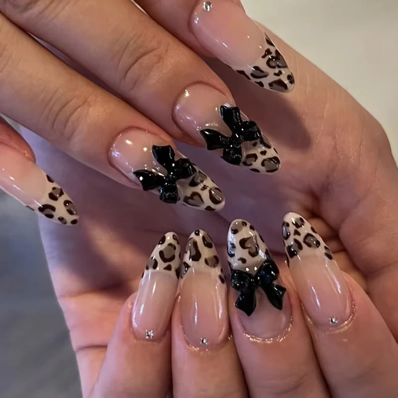 24pcs Sweet Cat Eye French Press on Nails Diamond-Pointed Three Dimensional Bow Knot Wearable Nail For Women&Girl Almond Nail