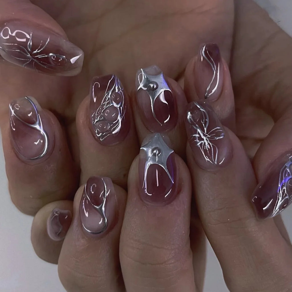 24Pcs False Nails Spicy Girl Silver Bow with Diamond Fake Nails with Glue Almond Press on Nails Black Cool Y2k Almond Nail Set