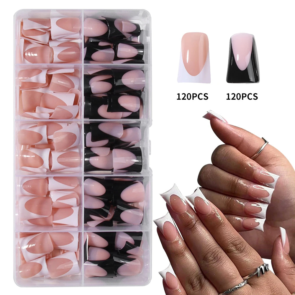 144pcs Duck Nails Simple and classic Elegance White French,Detachable reusable press on acrylic nails including 1 nail file and