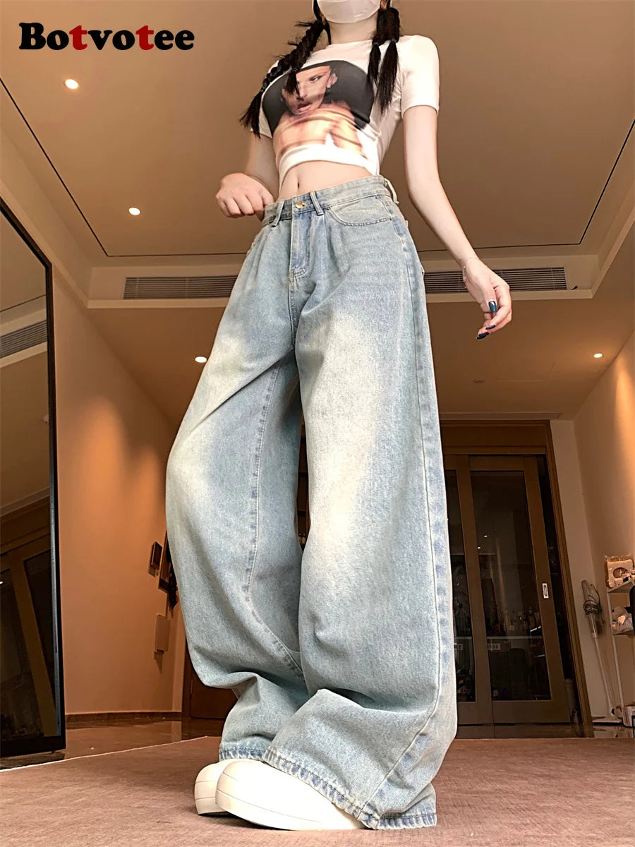 Botvotee Baggy Classic Jeans for Women 1950s/1960s Retro American High Waisted Denim Pants Vintage Loose Wide Leg Jeans