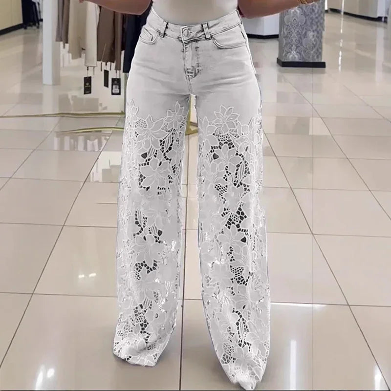 Ladies Sexy Lace Hollowed Out Jeans Summer Retro Solid Color Wide Leg Pant 2025 Casual Crochet Spliced High Waist Trousers New