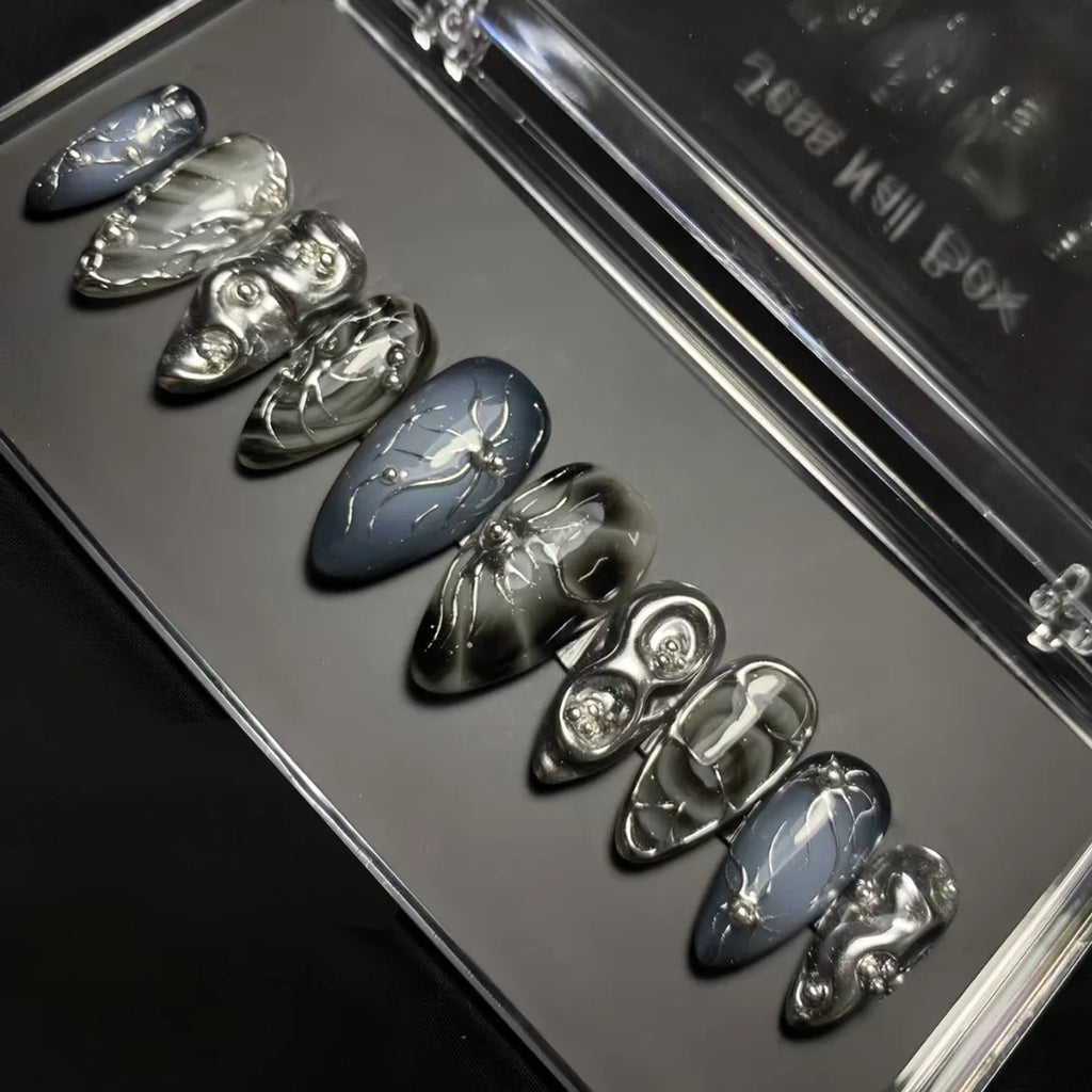 24Pcs False Nails Spicy Girl Silver Bow with Diamond Fake Nails with Glue Almond Press on Nails Black Cool Y2k Almond Nail Set