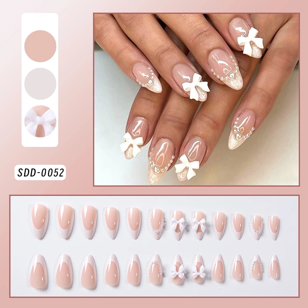 24Pcs Pink Leopard Print French Tips False Nails Short Square Head 3D Black Bowknot Fake Nails Acrylic Full Cover Press on Nails