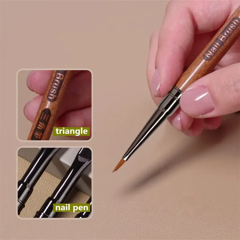 Round Wood Handle Triangular Petal Nail Brush Acrylic Nail Art Liner Brush Stripes Grid Flower Painting Drawing PenManicure Tool