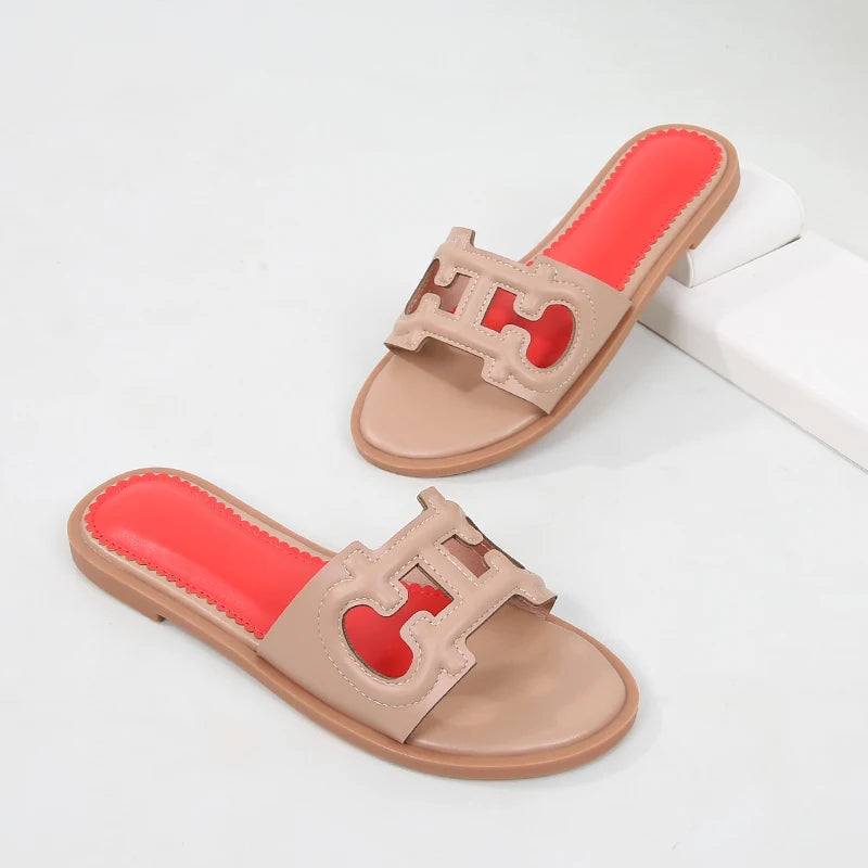 Ladies' slippers summer elegant slim-fitting breathable hollowed-out anti-slip soft-soled suitable vacation travel flat shoes