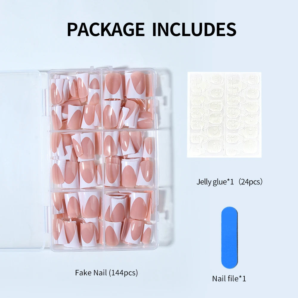 144pcs Duck Nails Simple and classic Elegance White French,Detachable reusable press on acrylic nails including 1 nail file and