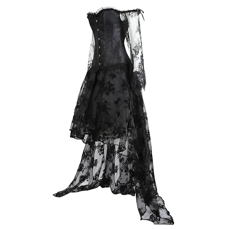 Women Sexy Off Shoulder Lace Sleeves Corset Bustier Top With Tulle Long Skirt Set Vintage Lingeries Sexys Tops Suit