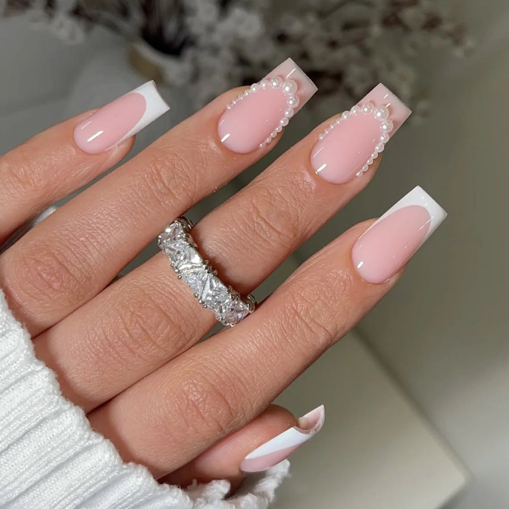 White French Press on Nails 3D Bowknot Fake Nails Tips Full Cover Wearable False Nails for Women and Girls DIY Manicure 24Pcs