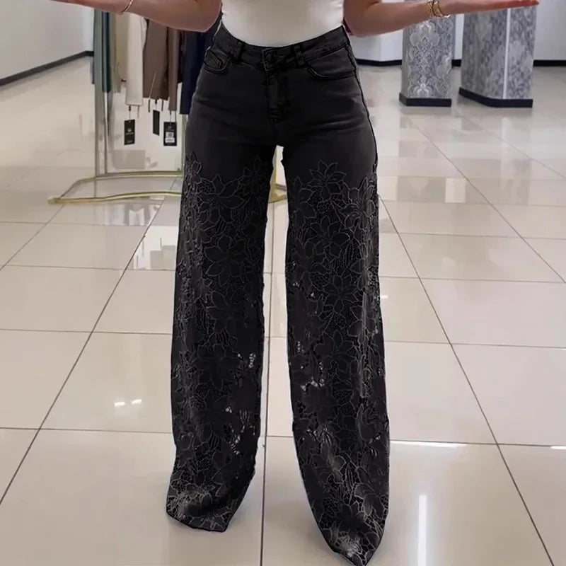 Ladies Sexy Lace Hollowed Out Jeans Summer Retro Solid Color Wide Leg Pant 2025 Casual Crochet Spliced High Waist Trousers New