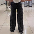 Ladies Sexy Lace Hollowed Out Jeans Summer Retro Solid Color Wide Leg Pant 2025 Casual Crochet Spliced High Waist Trousers New