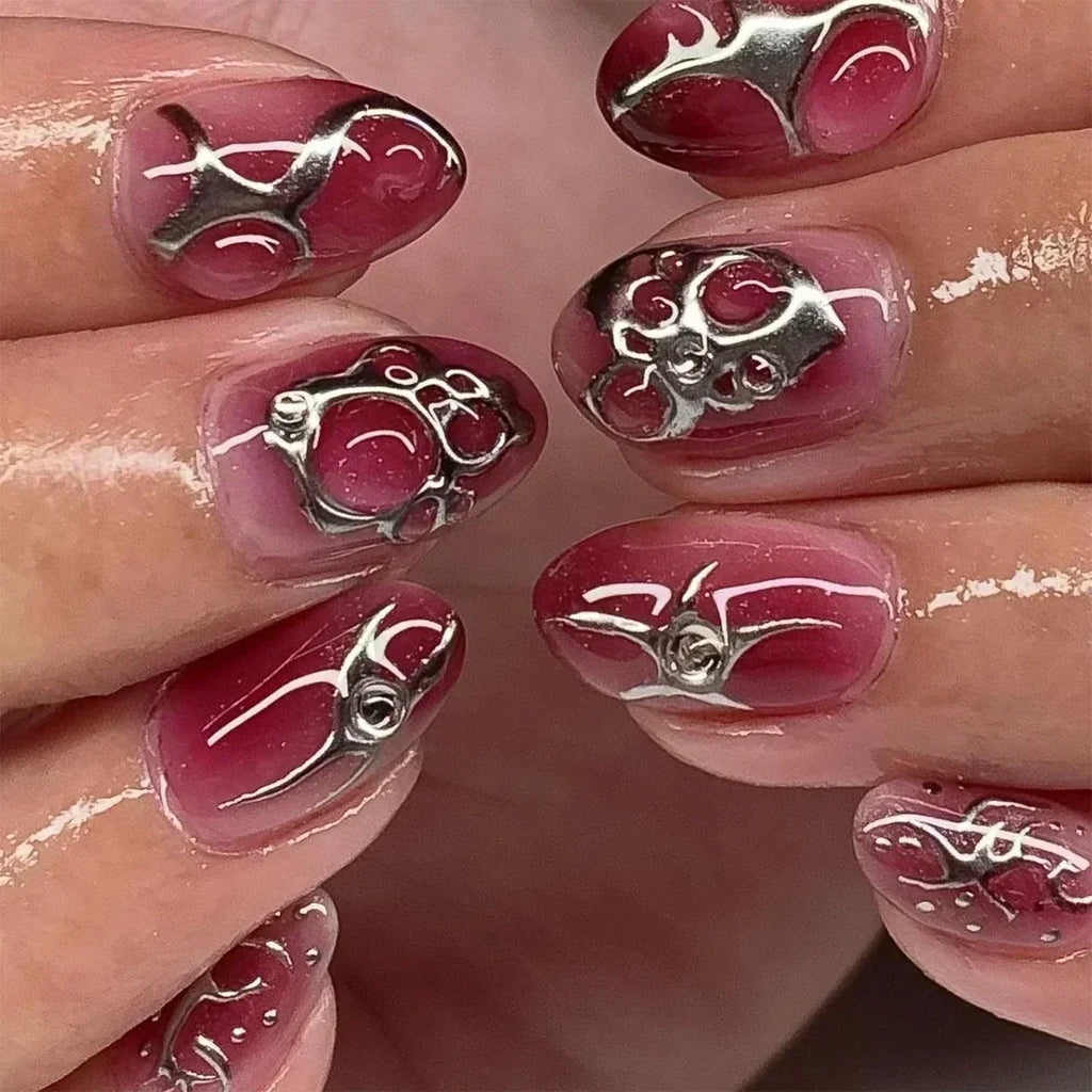 24Pcs False Nails Spicy Girl Silver Bow with Diamond Fake Nails with Glue Almond Press on Nails Black Cool Y2k Almond Nail Set