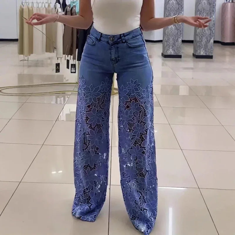 Ladies Sexy Lace Hollowed Out Jeans Summer Retro Solid Color Wide Leg Pant 2025 Casual Crochet Spliced High Waist Trousers New
