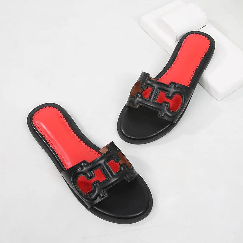 Ladies' slippers summer elegant slim-fitting breathable hollowed-out anti-slip soft-soled suitable vacation travel flat shoes