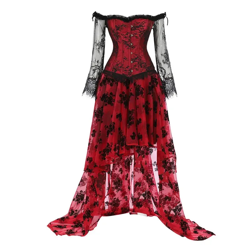 Women Sexy Off Shoulder Lace Sleeves Corset Bustier Top With Tulle Long Skirt Set Vintage Lingeries Sexys Tops Suit