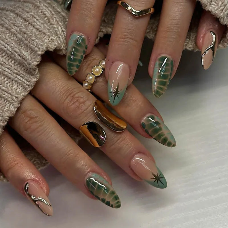 24Pcs False Nails Spicy Girl Silver Bow with Diamond Fake Nails with Glue Almond Press on Nails Black Cool Y2k Almond Nail Set